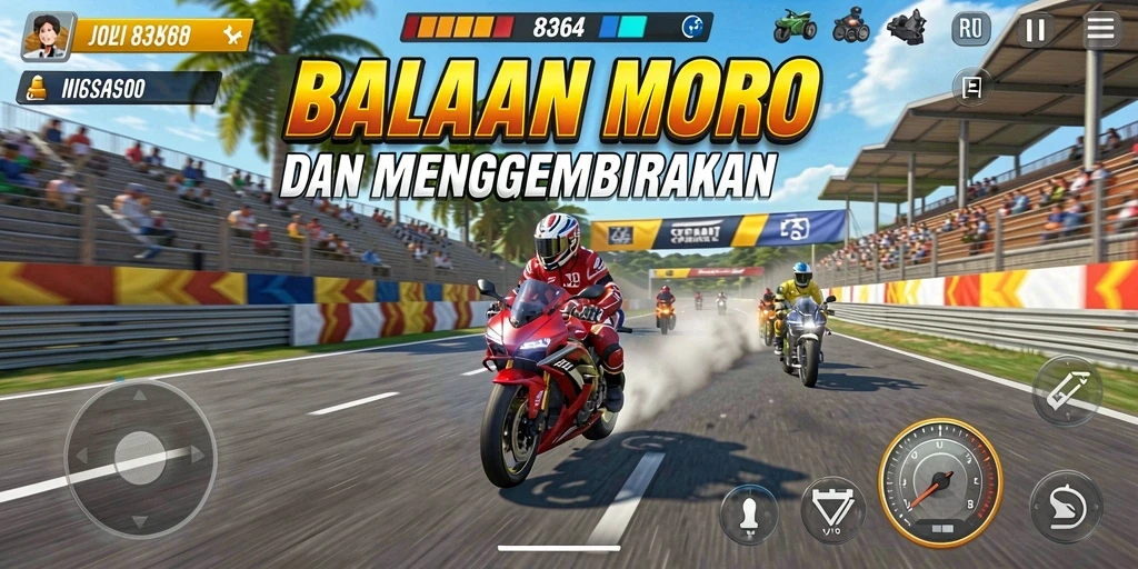 Screenshot menunjukkan balapan mendebarkan dalam 8364.