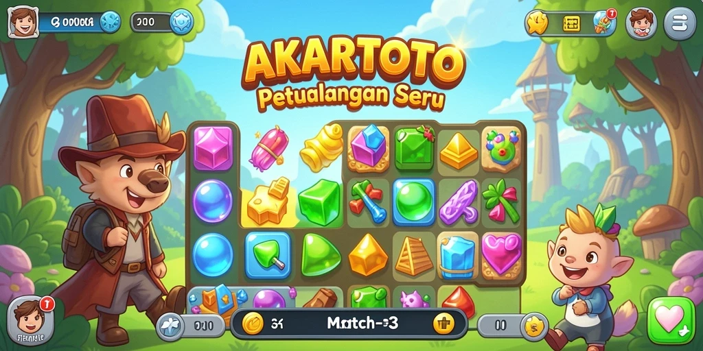 Screenshot gameplay AKARTOTO menampilkan aksi mencocokkan benda berwarna-warni.