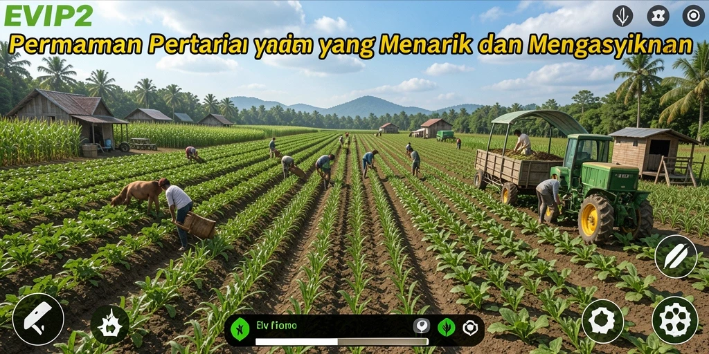 Screenshot gameplay EVIP2 yang menunjukkan aktivitas pertanian yang seru.