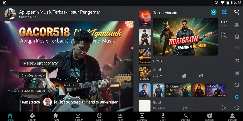 Screenshot GACOR518 menunjukkan antarmuka aplikasi dengan berbagai pilihan musik.