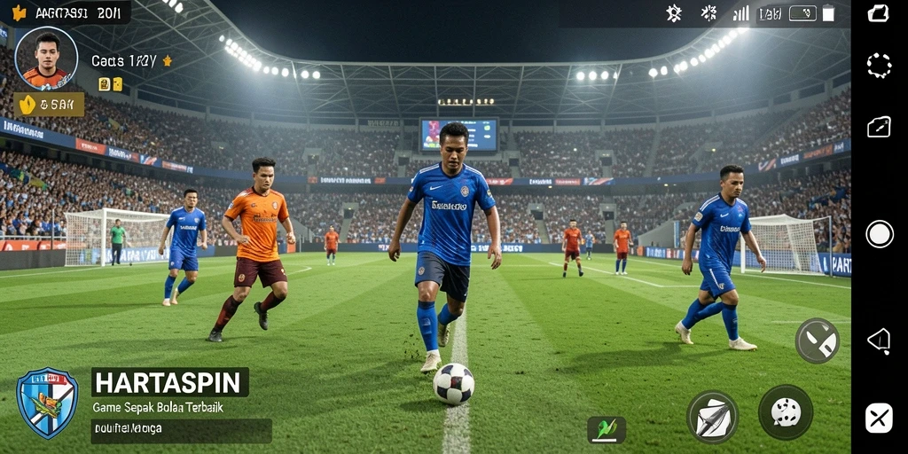 Screenshot HARTASPIN menampilkan aksi seru dalam pertandingan sepak bola.
