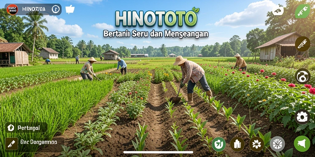 Tampilan gameplay HINOTOTO dengan ladang yang subur dan aktivitas bertani.