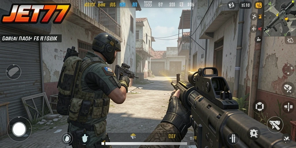 Screenshot gameplay JET77 menampilkan aksi tembak-menembak yang mendebarkan.