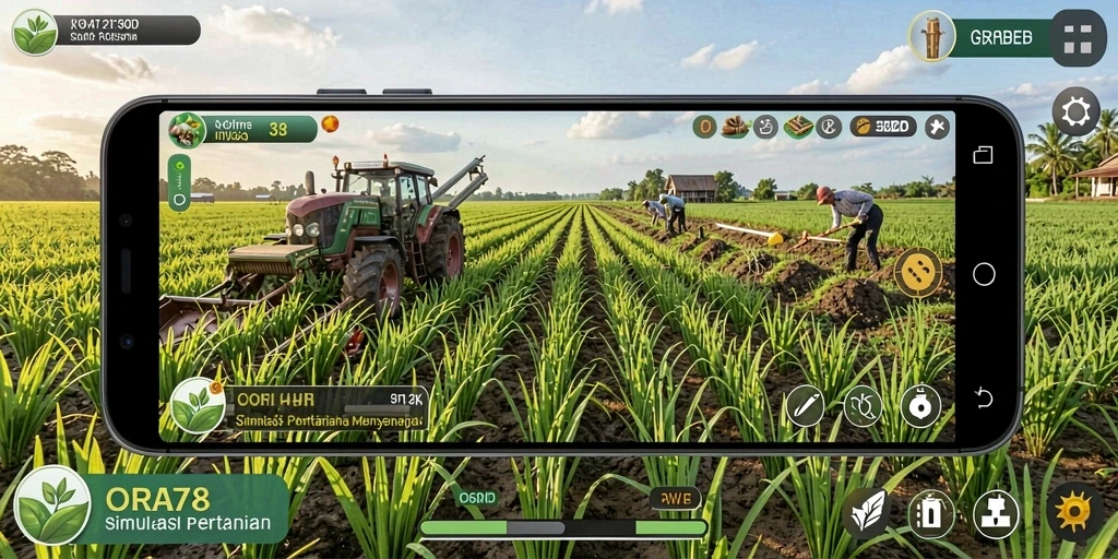 Tampilan gameplay menarik di ladang ORA78 dengan tanaman subur.