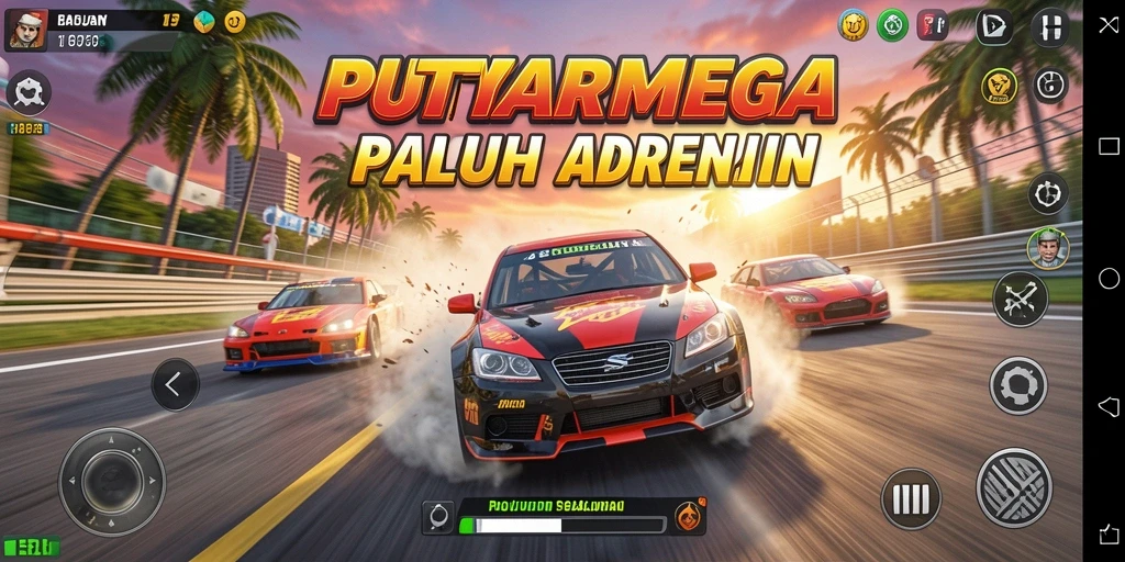 Gameplay balapan mendebarkan di PUTARMEGA dengan kendaraan berkecepatan tinggi.