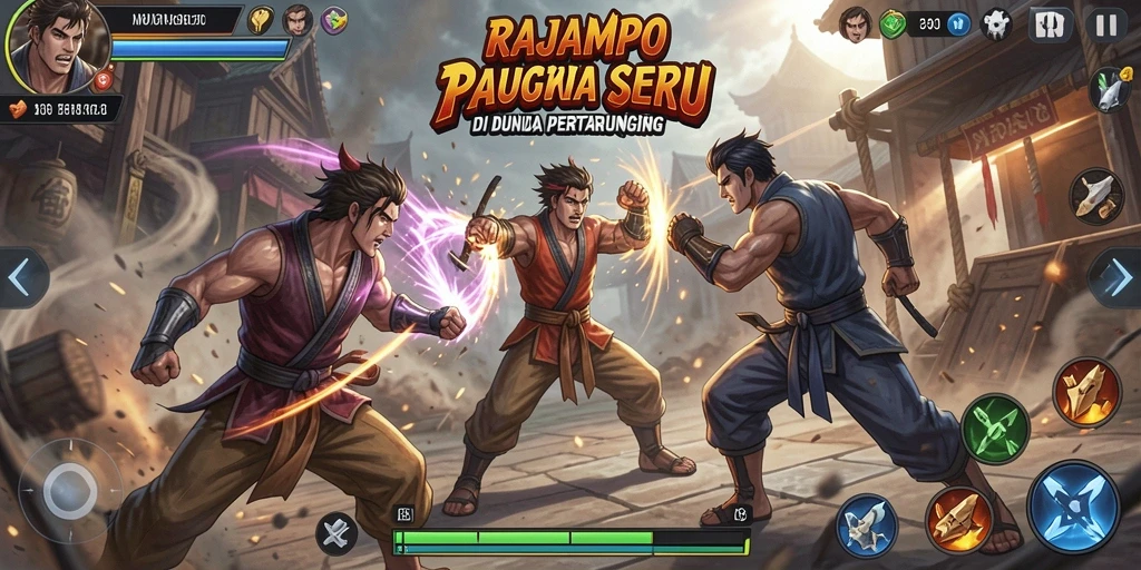 Tampilan seru gameplay RAJAMPO dengan pertarungan yang intens dan karakter yang menarik.
