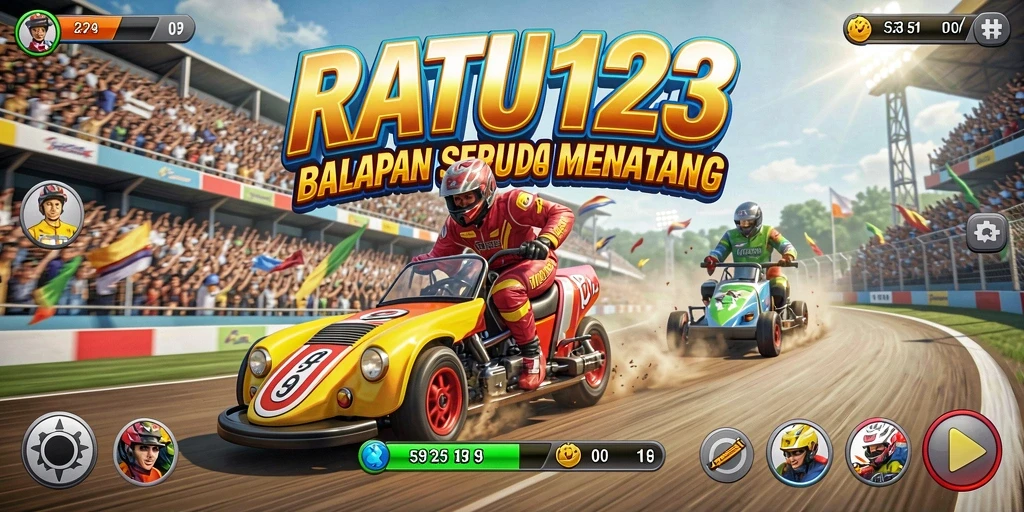 Tangkapan layar gameplay RATU123 menunjukkan balapan seru di trek yang menantang.