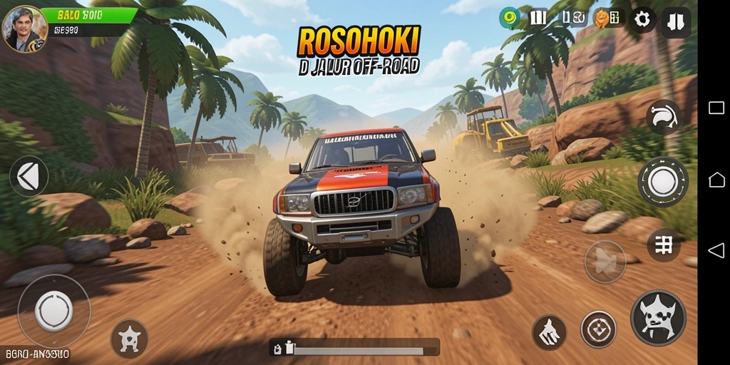 Screenshot gameplay ROSOHOKI menampilkan aksi balap off-road yang mendebarkan.