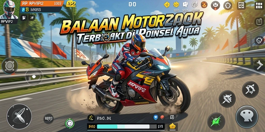 Screenshot RPVIP2 menunjukkan aksi balapan motor yang mendebarkan.